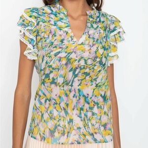 CABALLERO Mea Top Feather Strokes Ruffle Sleeve Lace Trim Blouse Medium Multi